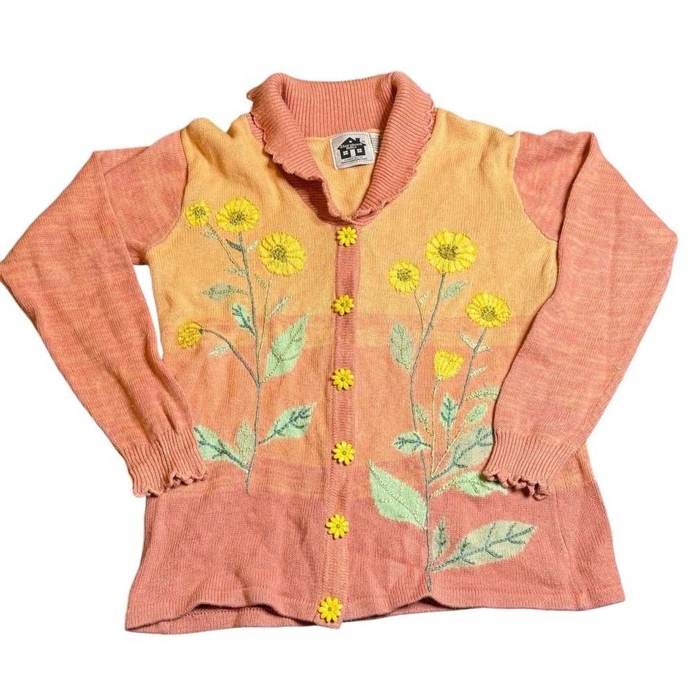 Storybook Knits Peach & Yellow Floral Cardigan Sweater